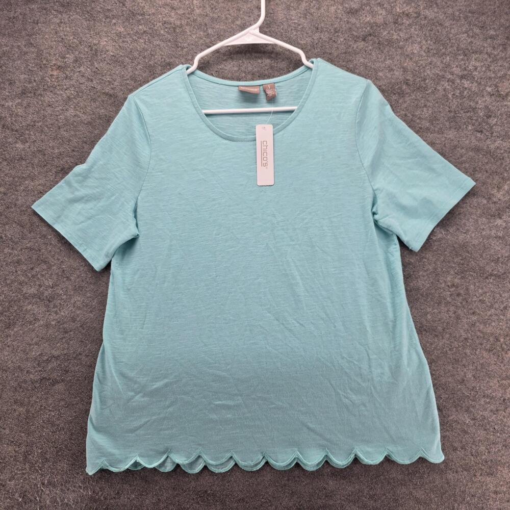 Chicos Shirt Womens 1 Tibetan Aqua Emily Scallop Hem Short Sleeve Top Cotton
